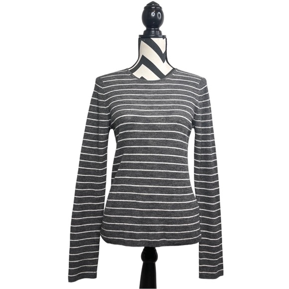 Vince Stripe 100% Wool Heathered Gray Long-Sleeve Preppy Minimalist Sweater - Picture 5 of 13